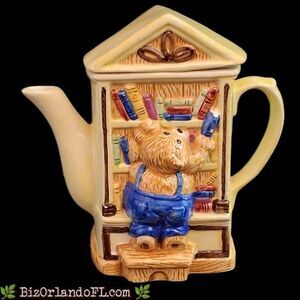VINTAGE: Rare Ceramic Teddy Bear Taking Books Library Teapot Novelty Tea Pot HTF